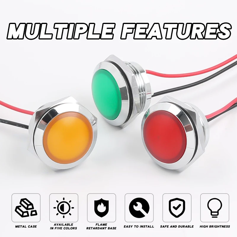 Indicatore LED in metallo Testa a sfera da 19 mm Tipo corto con filo Luce di segnale di alimentazione ad alta luminosità, impermeabile 24 V