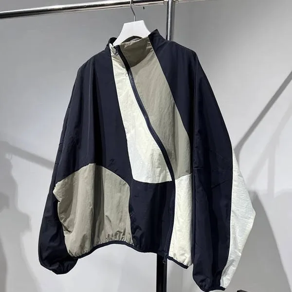 Color-Block Unique Distinctive Asymmetrical Placket Jacket Women Loose Short Stand Collar Trench Coat Autumn