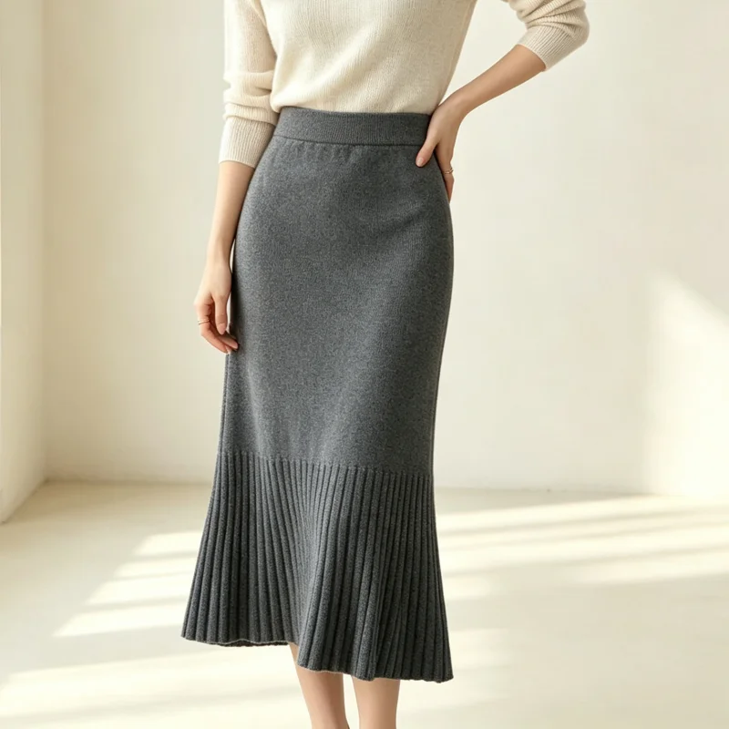 KAROFI Elegant Women High Waist Knitted Mermaid Skirt Solid Color Pleated Hem Slim Fit Mid-Length Skirt Office Daily Wear 679