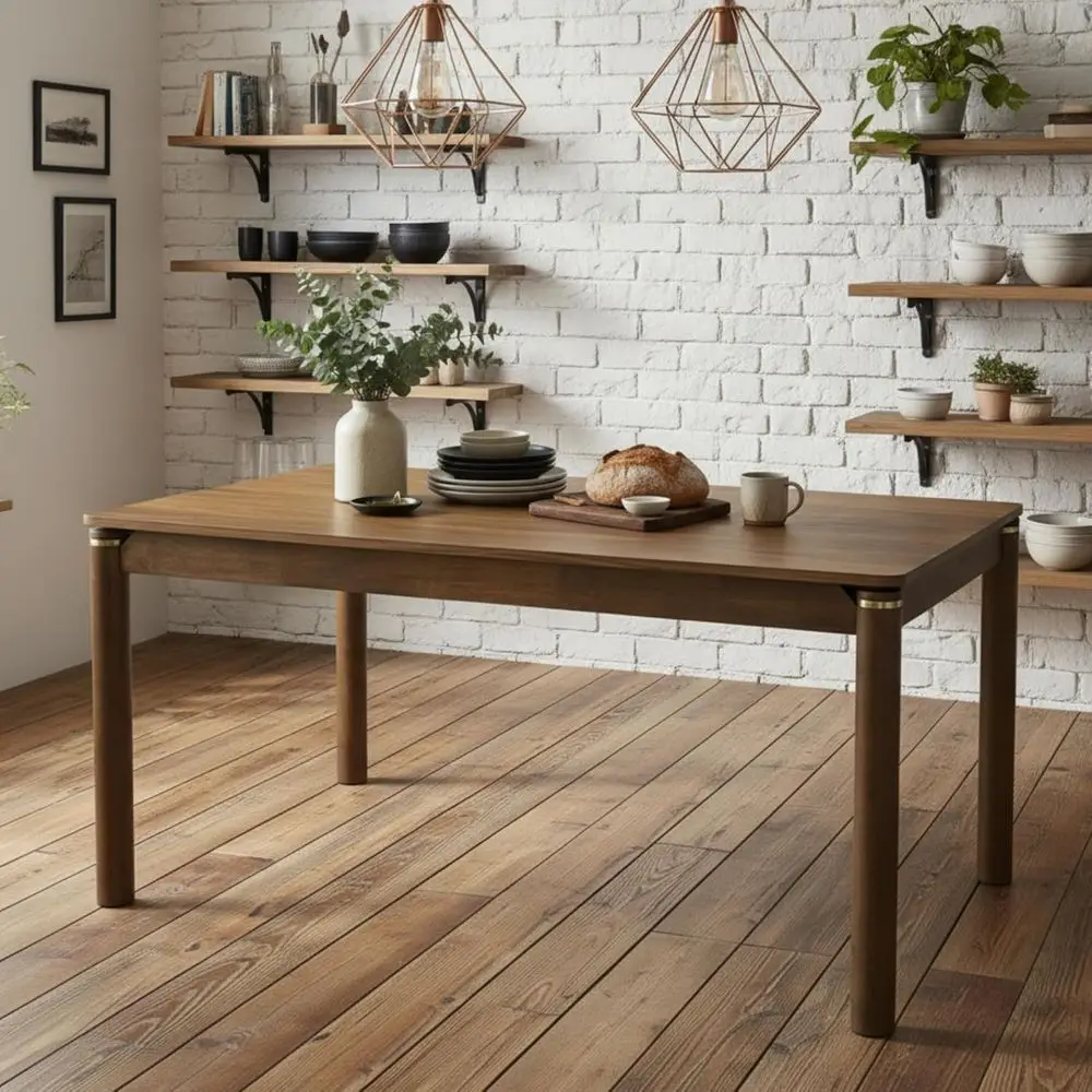 Walnut 63 Century-Style Round Dining Table with Gold Ring Accents for Home or Restaurant Use