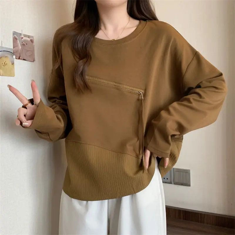 Spring Autumn Solid Color Women\'s Clothing Pullover Lantern Long Sleeve Hoodies Round Neck Zipper Casual Loose Screw Thread Tops