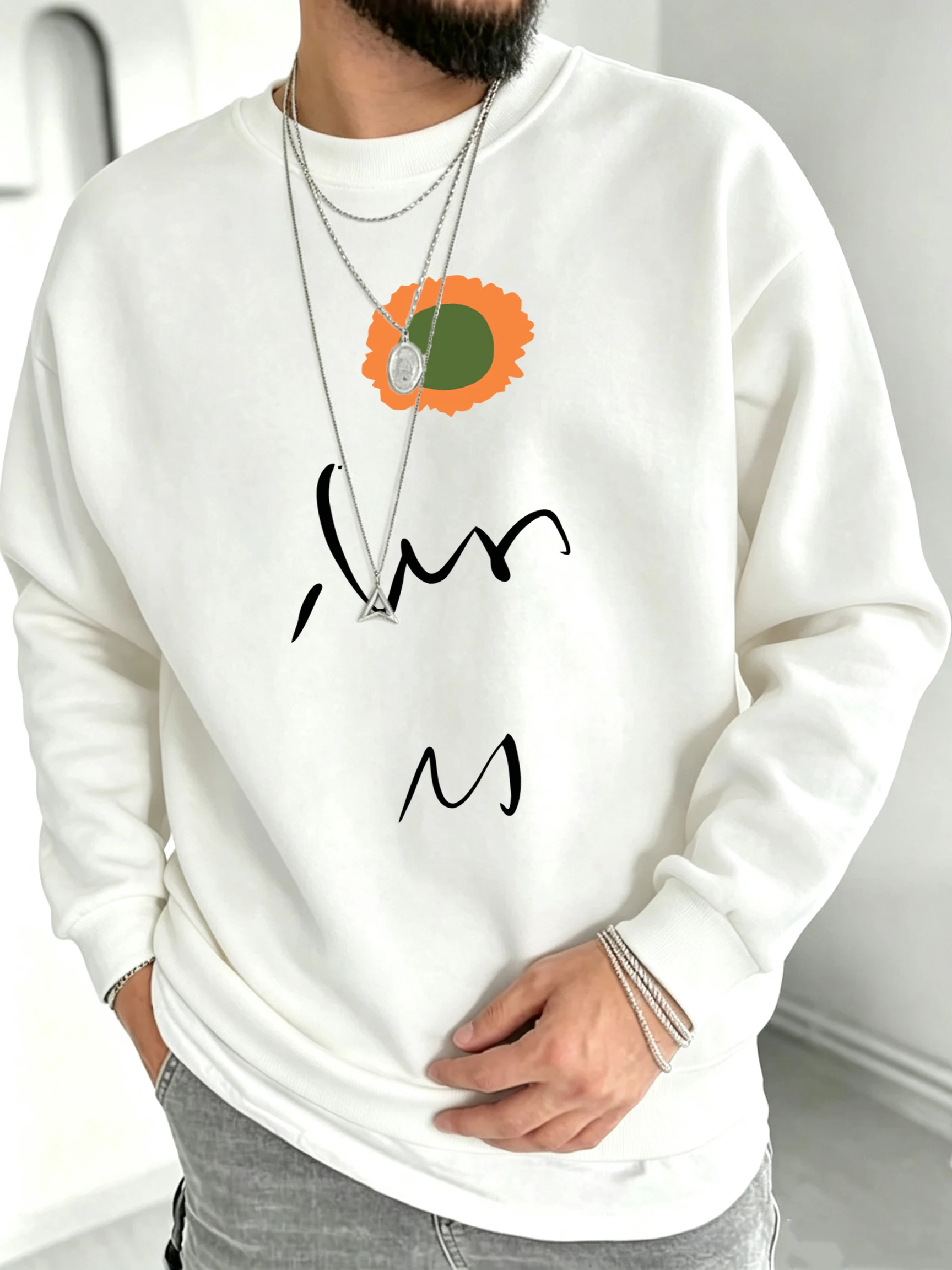 Sunflower Handwritten Script Print Sweatshirt Autumn Man Loose O-Neck Clothes Fleece Trendy Pullover Daily Street Sportswear