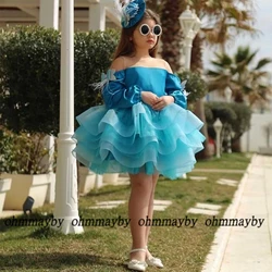 Flower Girl Dresses Knee Length Satin Organza Off The Shoulder Baby Birthday Dress Fashon Princess Dress Party Gown Vestidos De