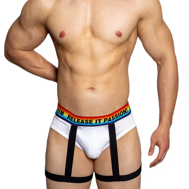 

Men's Underwear Rainbow Low Waist Underpants with Suspender Sports Personalty Triangle Brief