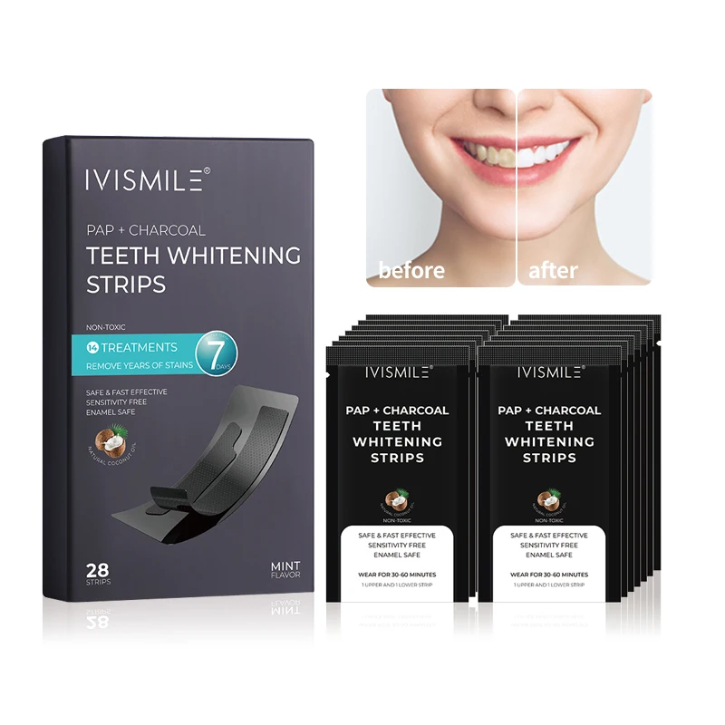 14 sachets/28 pieces in a box, MOQ 5 boxes of 7 Days Care Brightening Patches Charcoal Coconut Oil Peroxide-Free Sensitive Teeth