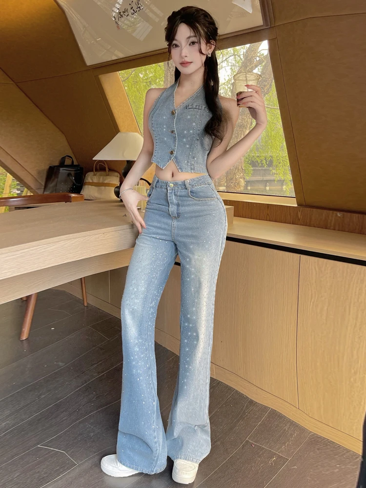 

Glittering Diamond Embellished Heavy Duty Denim Crop Top And High Waist Wide Leg Pants Fashion Set Sexy Short Sleeveless Vest