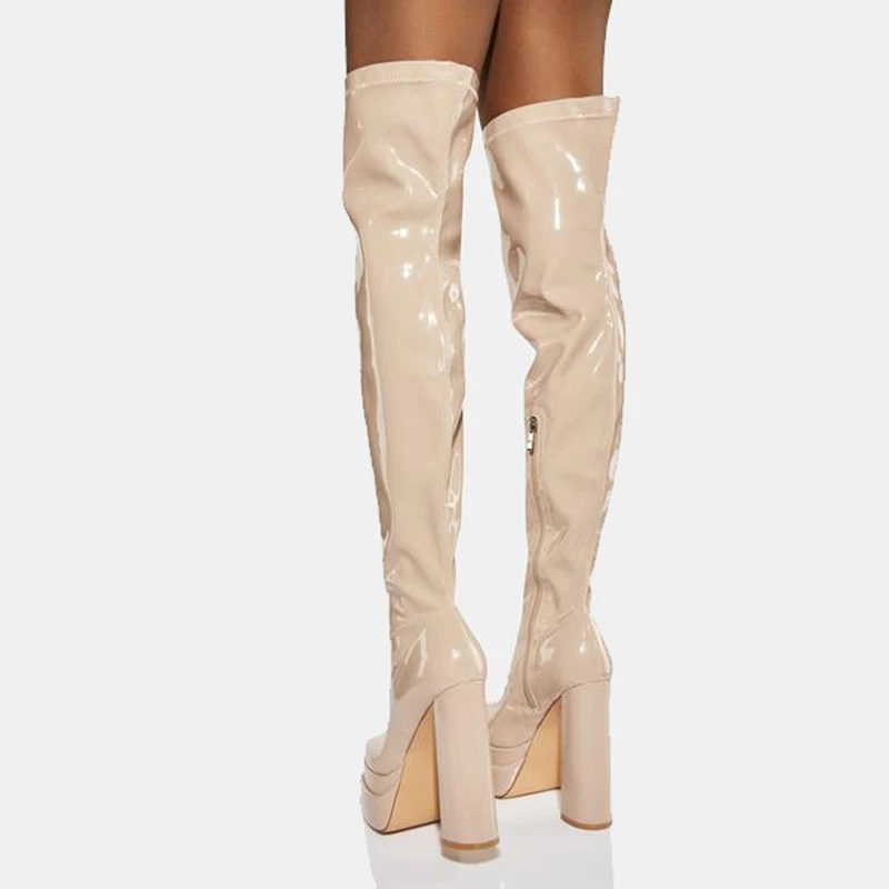 Arden Furtado 2024 Autumn Patent Leather Platform Thigh high boots Square toe Side zipper Super high heel Modern boots