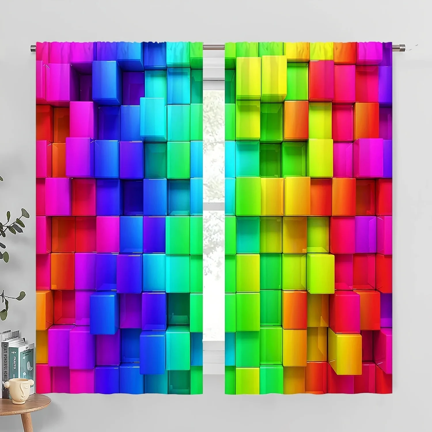 Cartoon Blocks Cube Colorful Kid Curtains Window Treatment For Bedroom Office Kitchen Living Room Home Decor Room Decor  2pcs