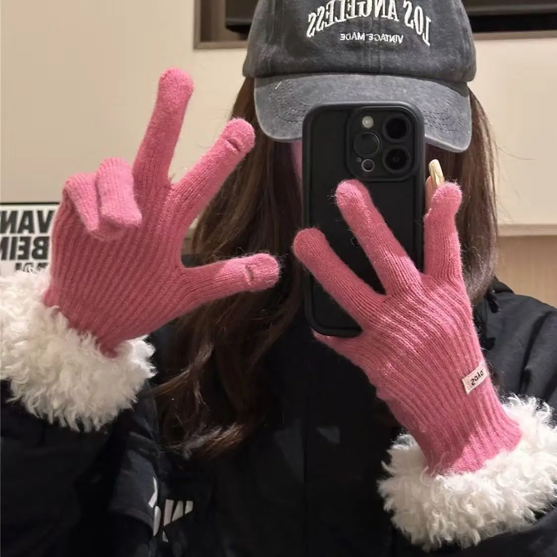 Winter Touch Screen Gloves for Women, Thickened Cold-Proof Fingerless Gloves with Raw Edge, Outdoor Cycling Gloves