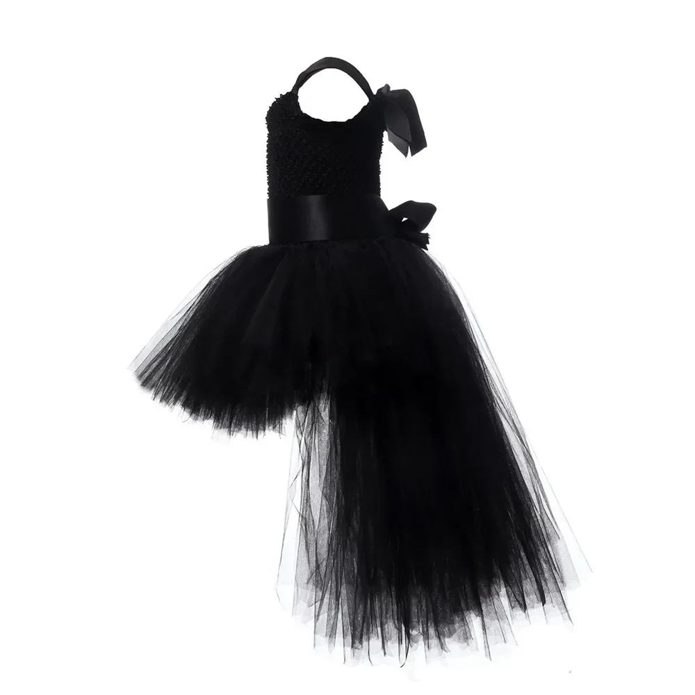 Black Girls Tutu Dress Tulle V-neck Train Girl Evening Birthday Party Dresses Kids Girl Ball Gown Dress Halloween Costume 1-14YY