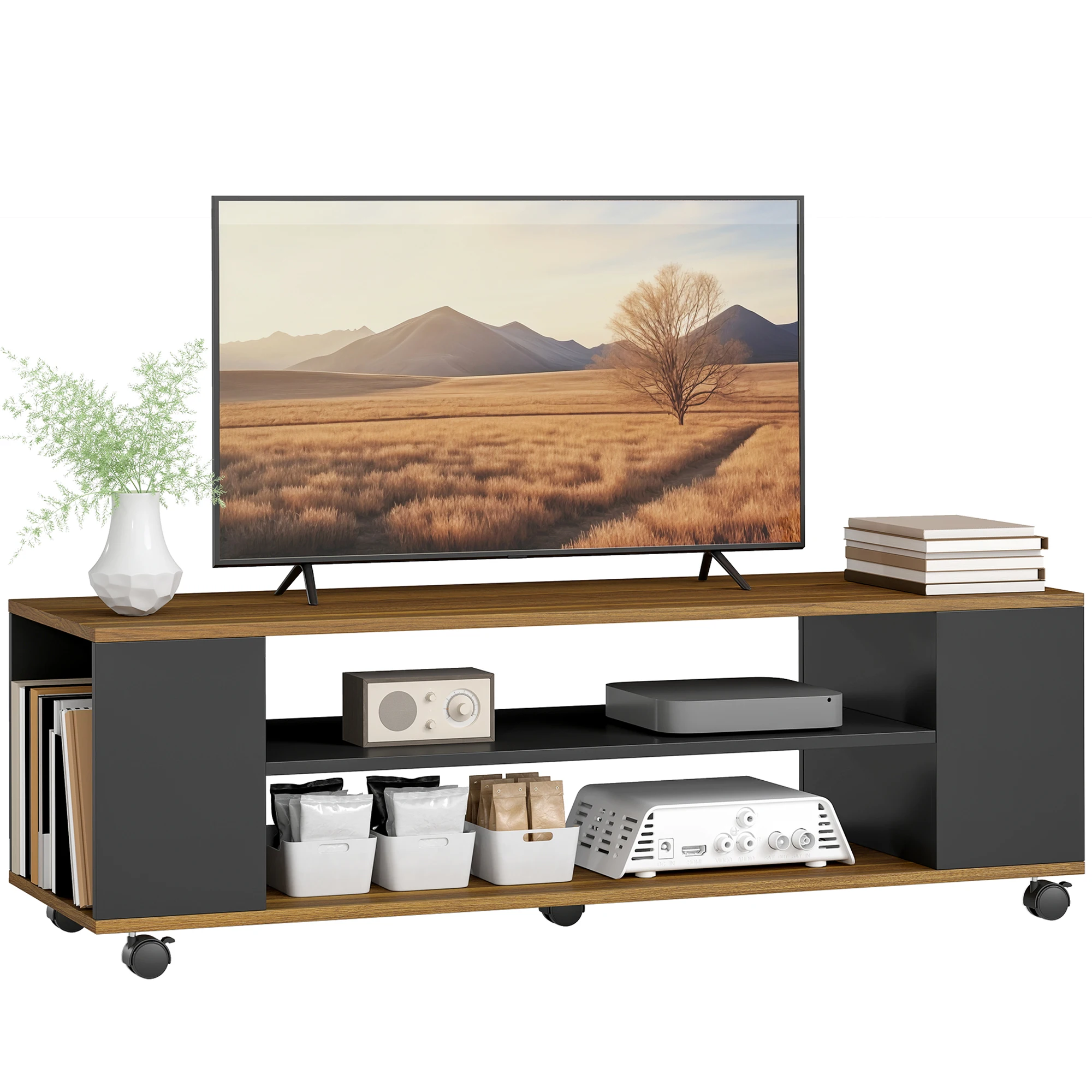 HOMCOM Mueble de TV con Ruedas, Mesa de TV Suspendido o de Pie, para Salón, con 4 Estantes Abiertos, Televisión de 55 Pulgadas