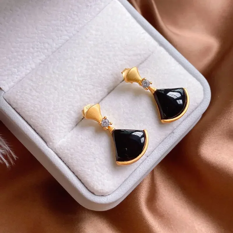 

Natural Hetian Heiyu geometric fan shaped earrings Chinese style retro small exquisite cool charm elegant women's brand jewelry