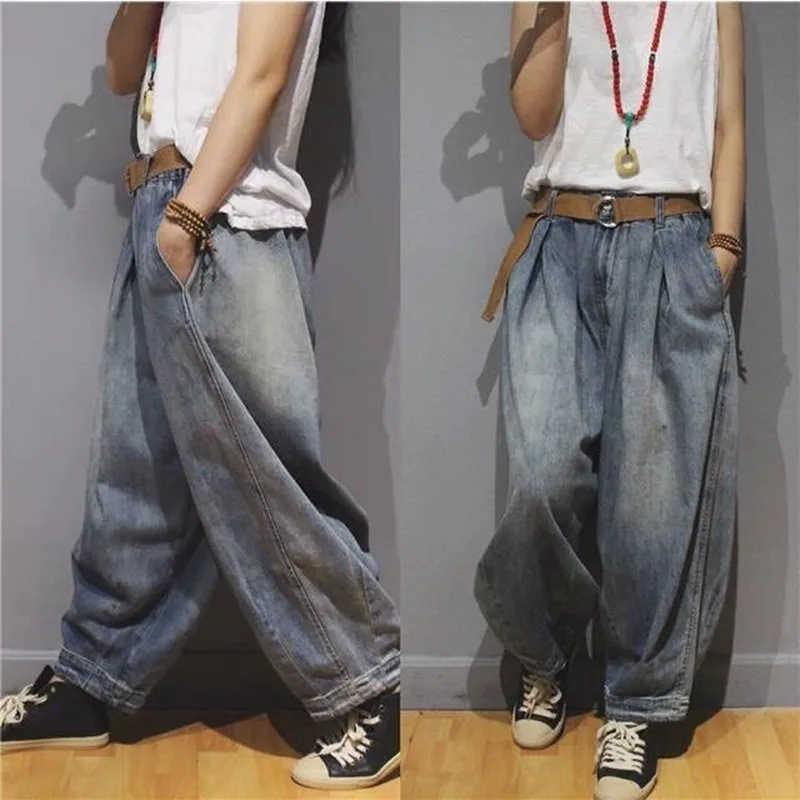 2023 Spring Autumn New Arts Style Women Elastic Waist Casual Cotton Denim Wide Leg Pants Vintage Blue Loose Jeans P276