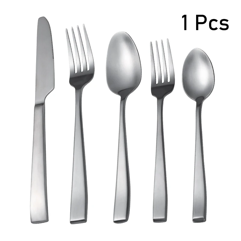 1PCS Matte Silver Flatware Silver Square Handle Western Cutlery Stainless Steel Tableware Silverware Kitchen Dinner Cutlery