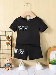 2-Piece Baby Boy Summer Black Short-sleeved Shorts Casual Sports Outdoor Comfortable Breathable Alphabet Print Baby Set