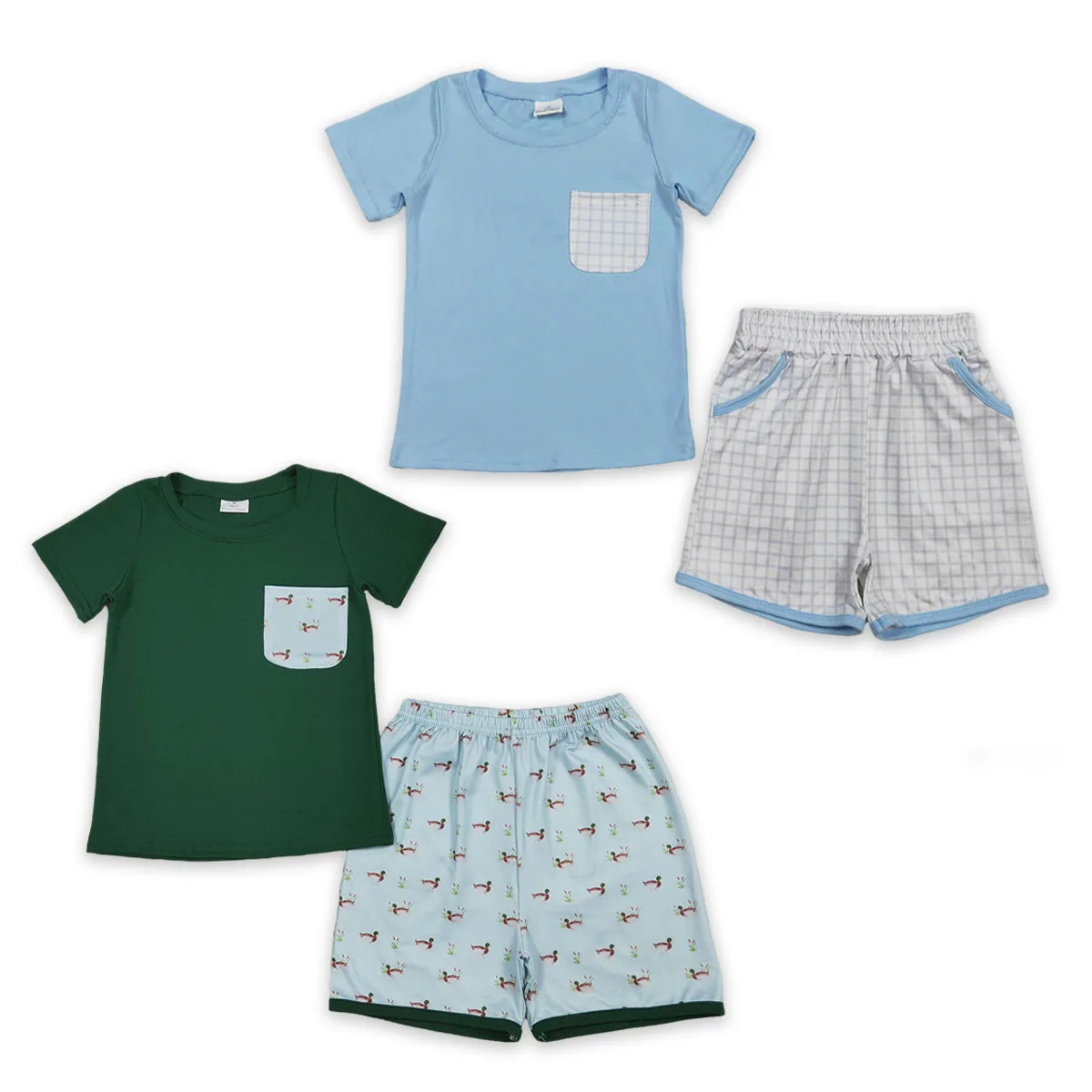 Baby Boy Dark Green Ducks Pocket Top Shorts Hunting Cute Toddler Outfits Kids Clothes Sets Infant Children Clothing Wholesale