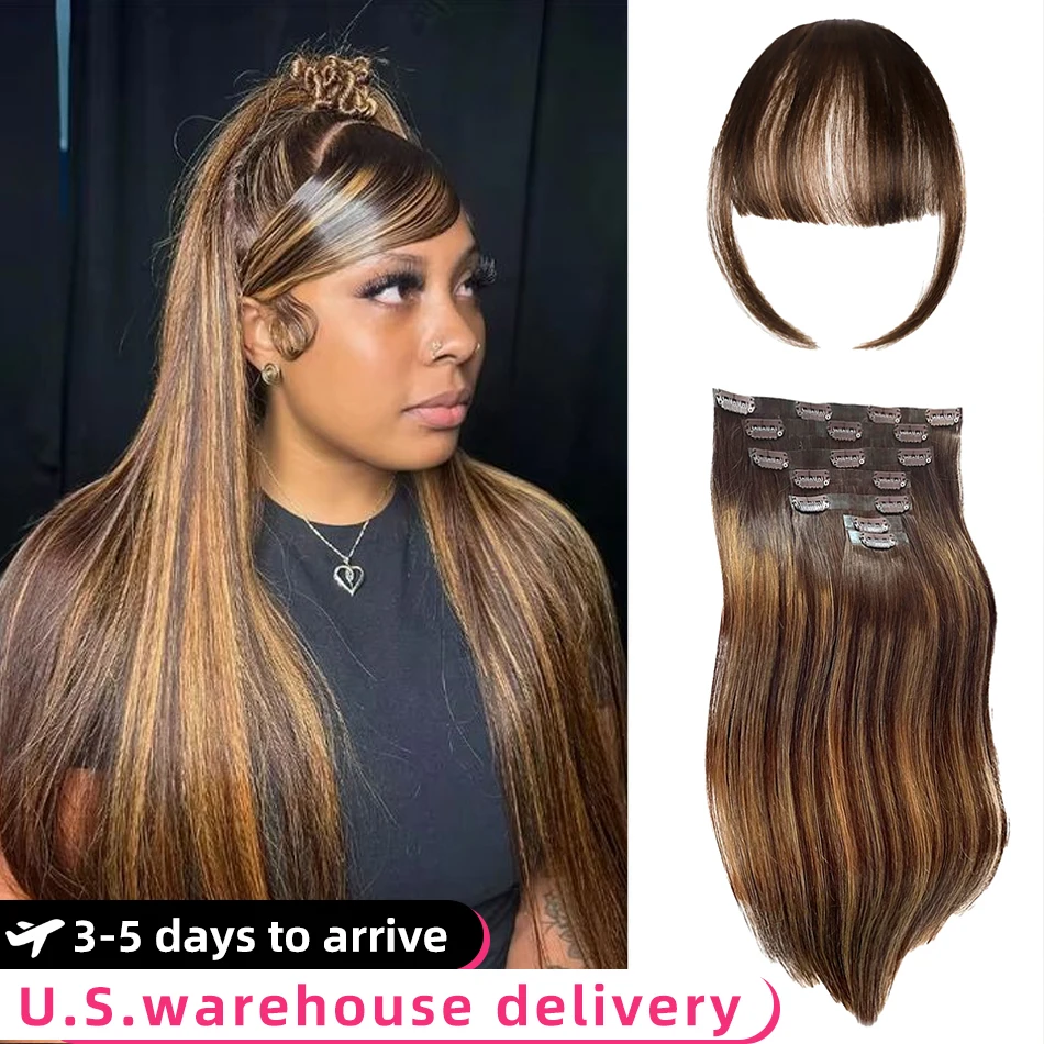 Grampo de cabelo reto em extensões de cabelo humano 100% cabelo humano real # 4/27 Marrom Destaques Loiros Clip Ins Cabelo Remy Para Mulheres 140G