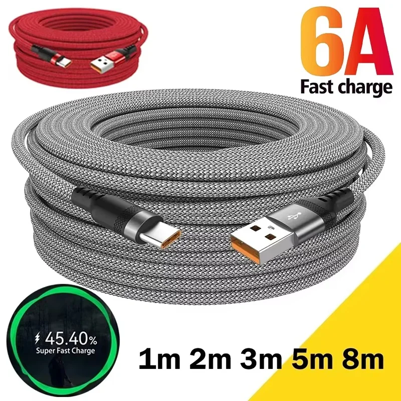 1/3/5/8m USB A to Type C Charging Extended Cable 6A Fast Cha