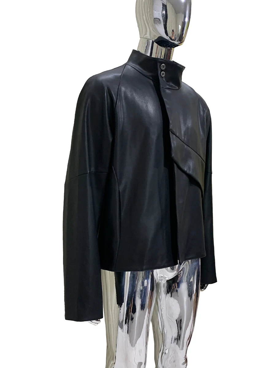 

Spring Autumn Cool Handsome Short Windproof Soft Black Faux Leather Jacket Men Stand Collar Long Sleeve Luxury Designer Clothes