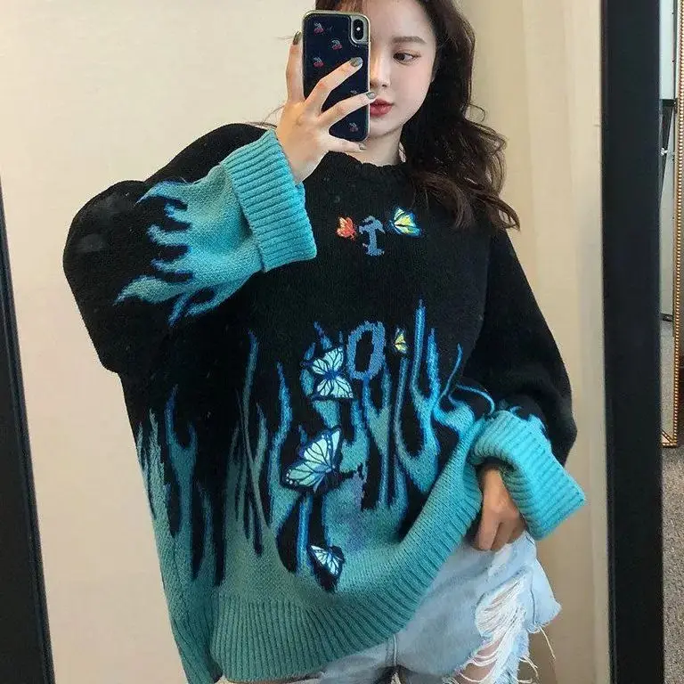 Flame Butterfly Embroidered Knitted Sweater Loose Lazy Comfortable New Pullover Long-Sleeved Top Women Autumn Winter