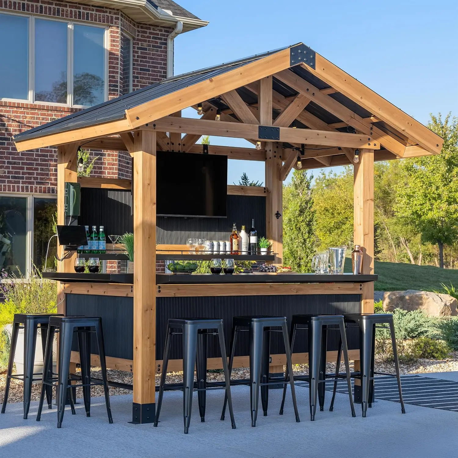 Palisade 9' x 6' Cedar Wood Outdoor Bar Set with Galvanized Steel Roof, Bar Top, Shelving, Snow Load Support, Wind Resistance, P