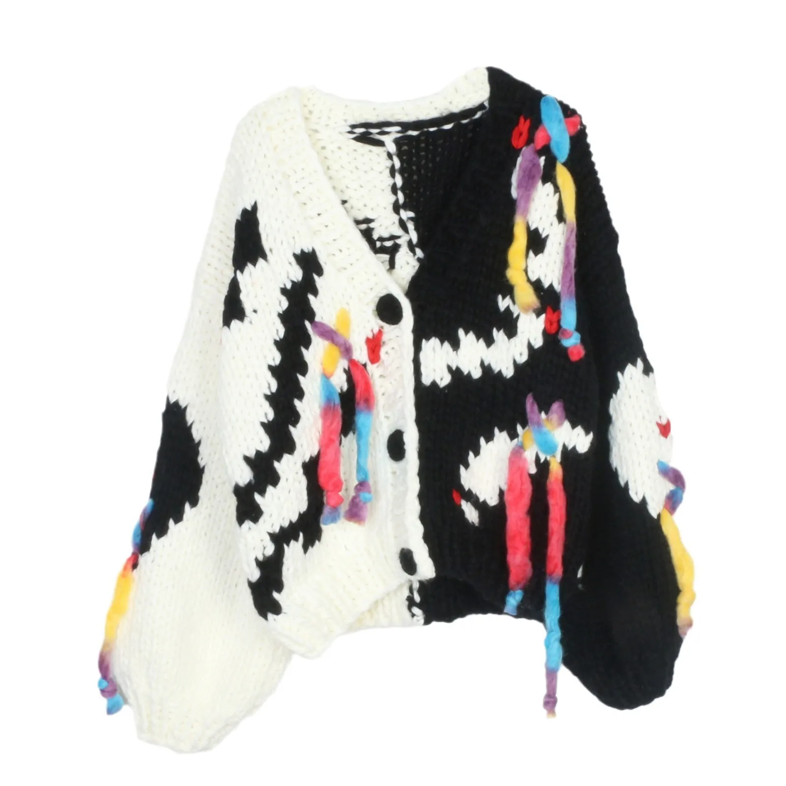 

Retro Handmade Knitted Color Matching Tassel V-neck Long-sleeved Knitted Cardigan Coat Thick Warm Women's Autumn Winter Sweater