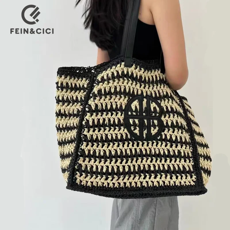 Raffia Crochet Bucket straw tote bag women handmade large capacity summer beach woven handbag khaki natrual 2023 new