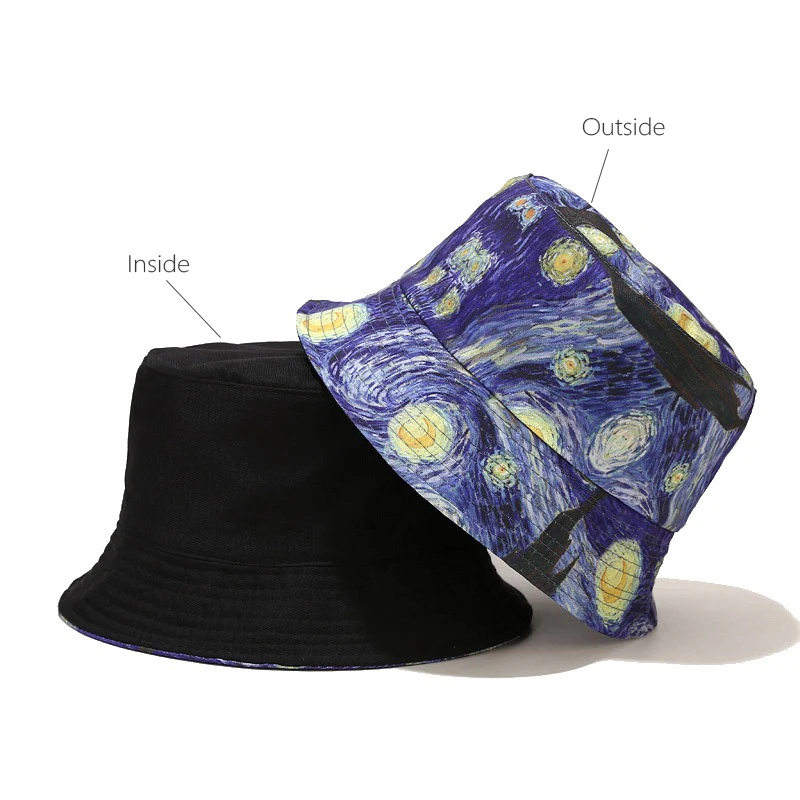 Bocca Starry Night Bucket Hat Reversible Bucket Hats Double Sides Cap Cotton Foldable Fisherman Hat Hip Hop Fashion