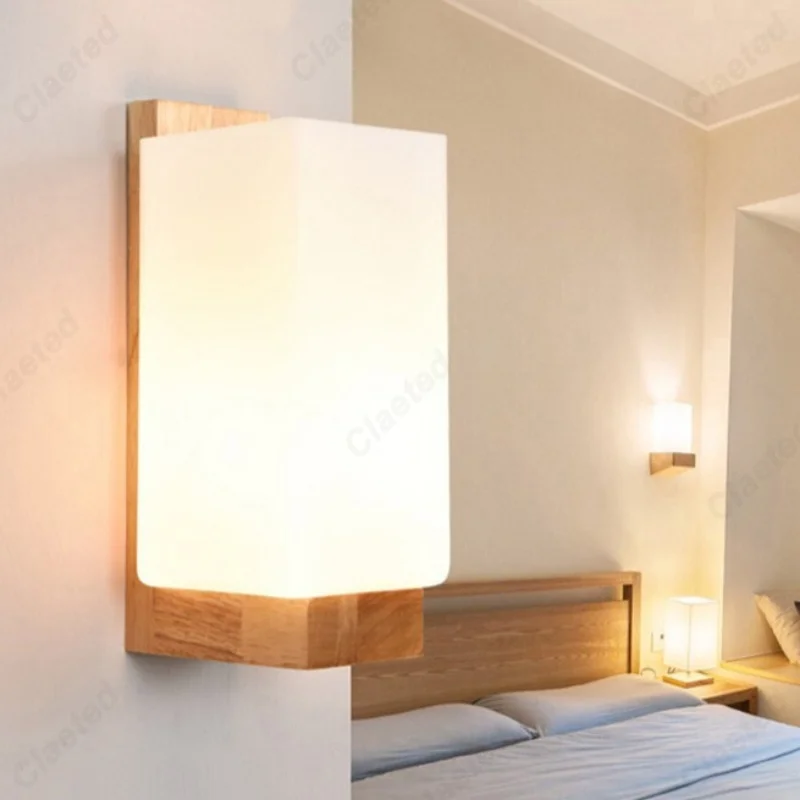 Nordic LED Solid Wood  Glass Wall Lamp E27 Screw Socket Home Decor Lighting for Living Room Bedroom Aisle Corridor