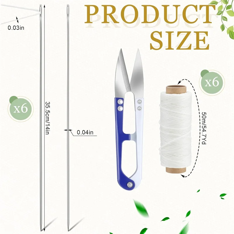 Zestaw igieł Lei 13 sztuk, w tym 6 długich igieł ze stali nierdzewnej, 6 sznurków, 1 nożyczek do szycia do samodzielnego wykonania girlandy, nastarwienia.