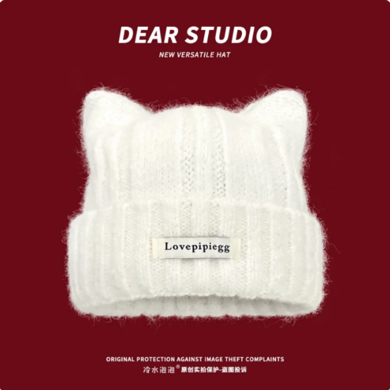 

Japanese Sweet and Cute Cat Ear Knitted Hat Women Winter Big Head Thickened Warm and Versatile Ear Protection Skull Beanie Caps