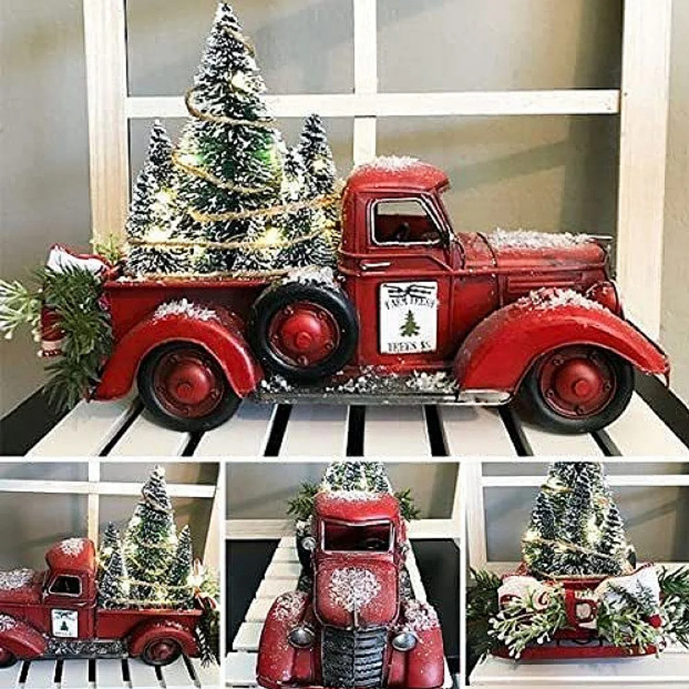 Christmas Retro Red Truck Ornaments Metal Car With Mini Green Tree And Box Xmas Table Decoration