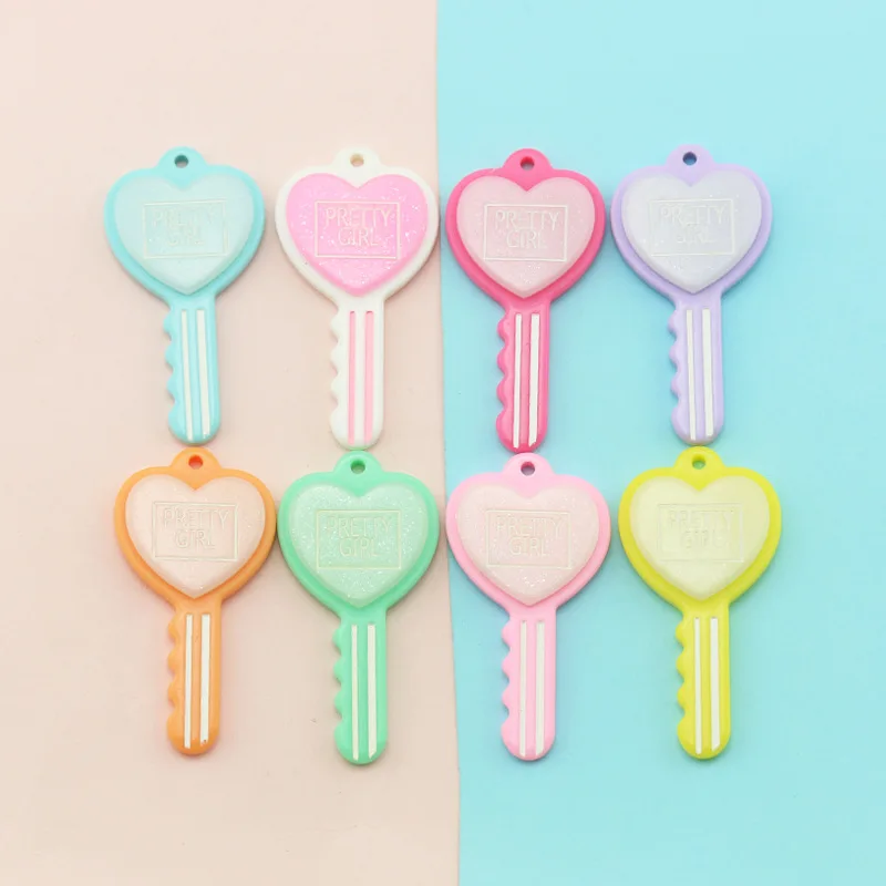 10Pcs Glitter Heart Shape Keys Charms Pendants Flat Back Resin Cabochon for Necklace Earring Key Ring Jewelry Making Accessories