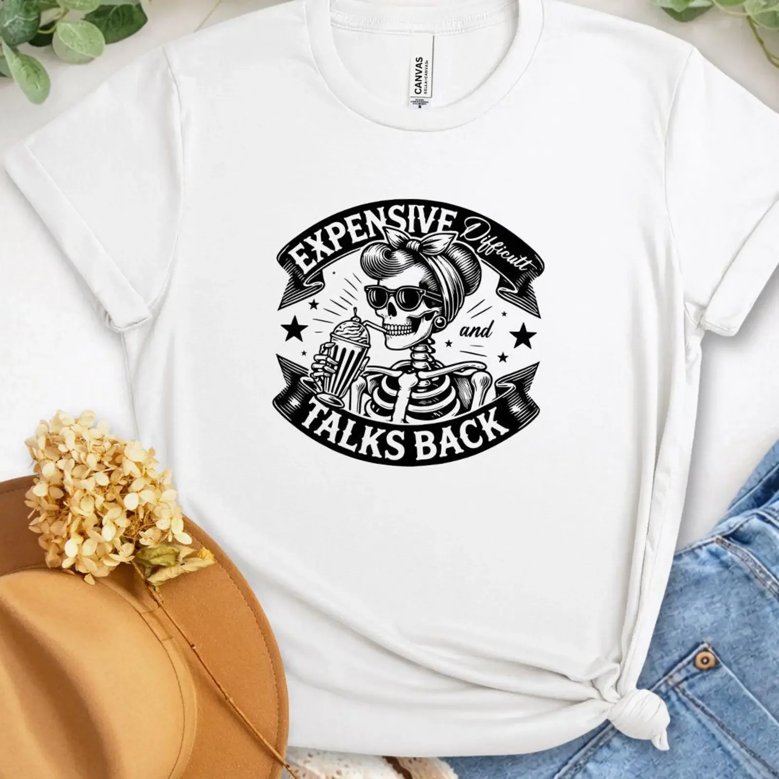 T-Shirt mit Skelett-Eiskaffee-Motiv, teuer, schwierig, Rückseite mit Aufdruck, Vintage-Look, gewaschen, dehnbar, atmungsaktiv, ideal für den täglichen Gebrauch, stilvoll.