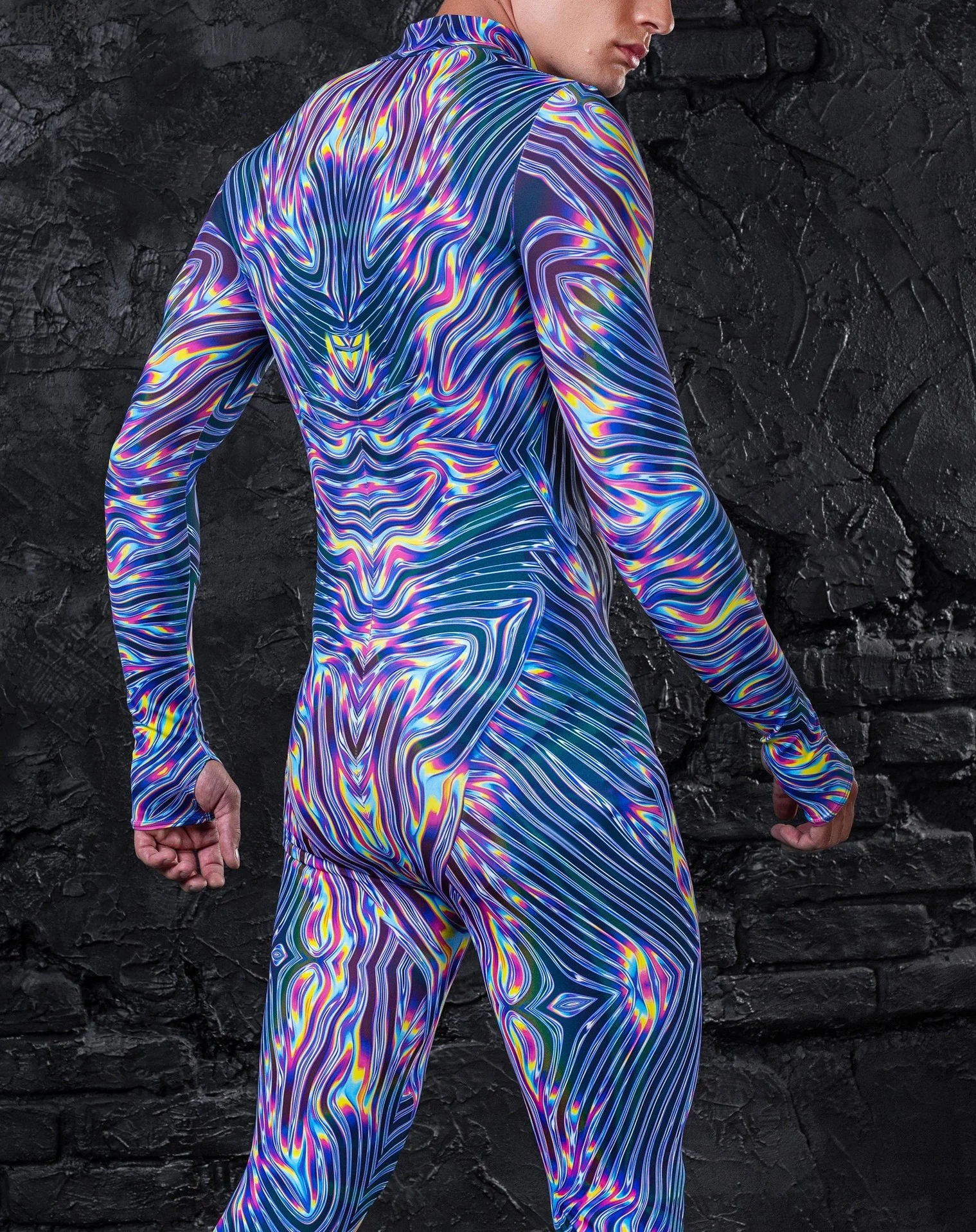 Halloween Punk Colorful Print Jumpsuit Men Sexy Art Aesthetic Bodysuit Cyber Line Print Zentai Suit Holiday Catsuit Rave Outfits