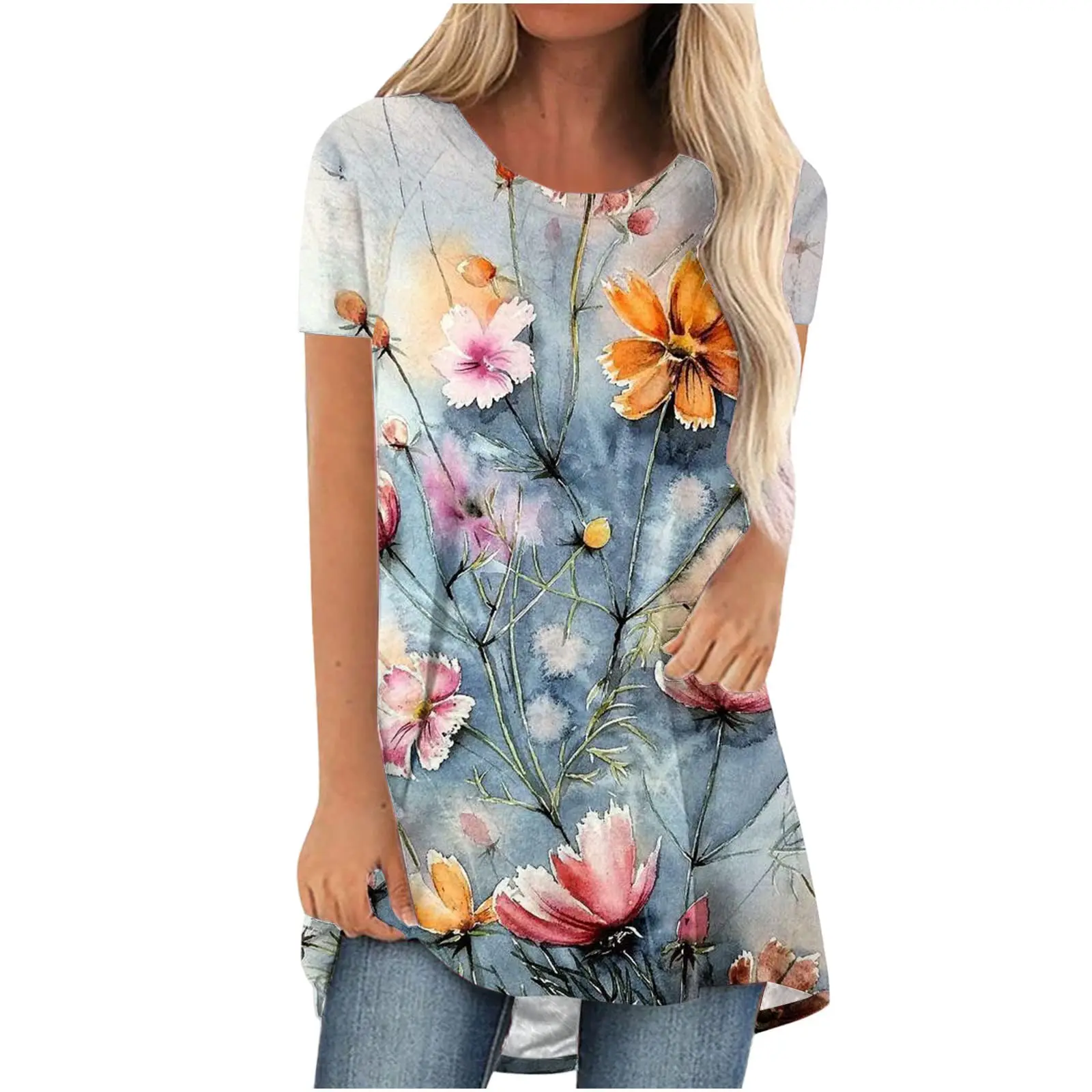 Nowa kolorowa koszulka z nadrukiem 3D w kwiaty Streetwear kobiety Casual koszulka z krótkim rękawem tunika oversize topy Y2K odzież damska