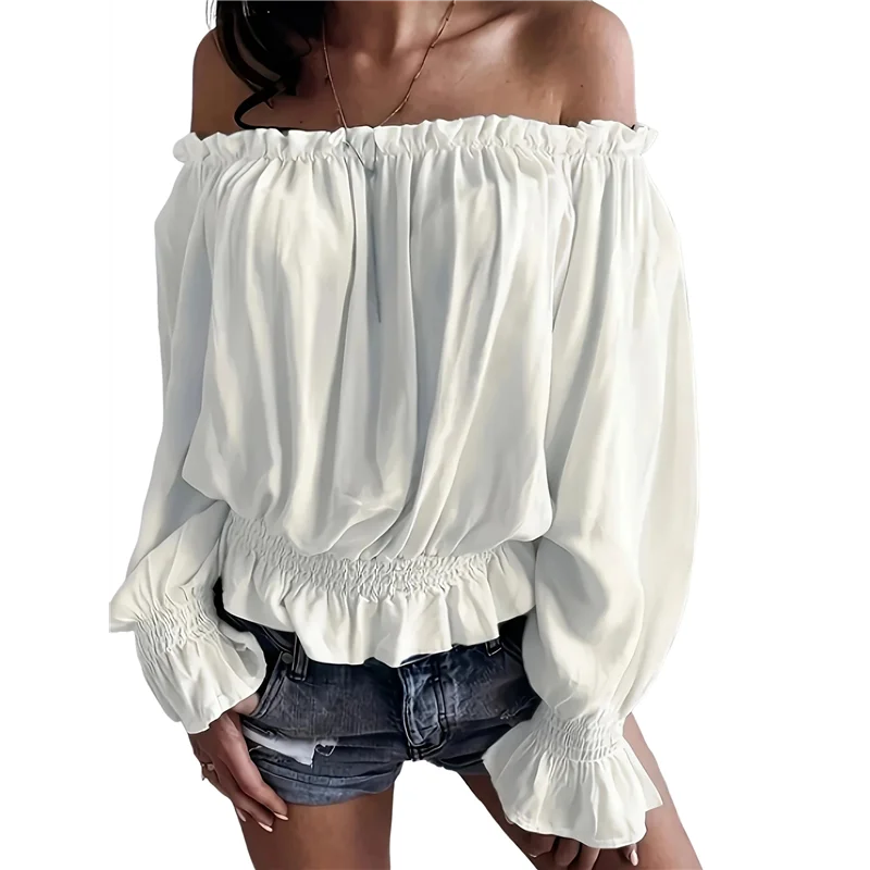 【SEE】エレガントなオフショルダートップス女性用長袖フリルスモックウエストカジュアルパーティーシャツプラスサイズブラウス