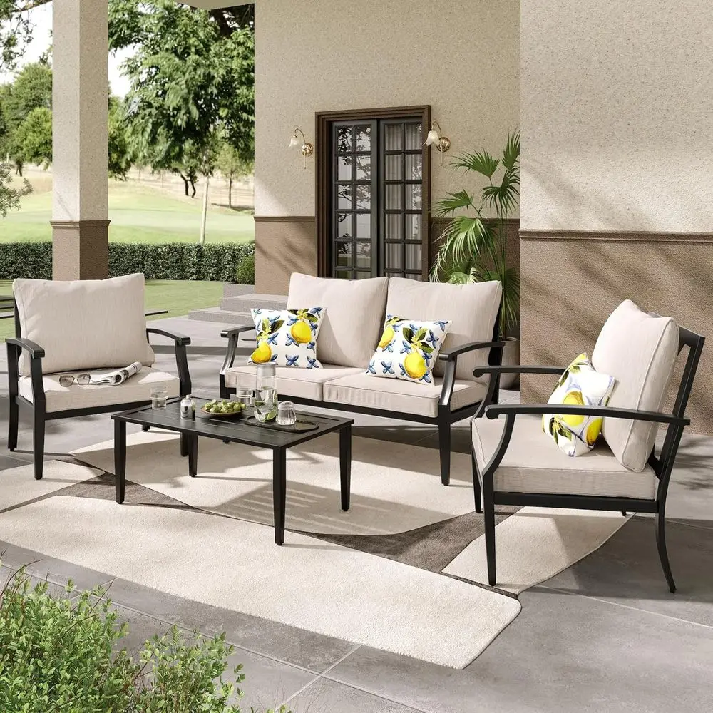 

4-Piece Outdoor Patio Furniture Set with Loveseat, Coffee Table, Metal Sofa, High Back, Thick Cushions, Beige