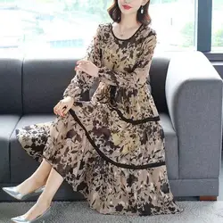 Casual Stylish Printed Spliced Dresses Spring Autumn Elegant A-Line Waist Female Clothing Drawstring Commute O-Neck Midi Dress