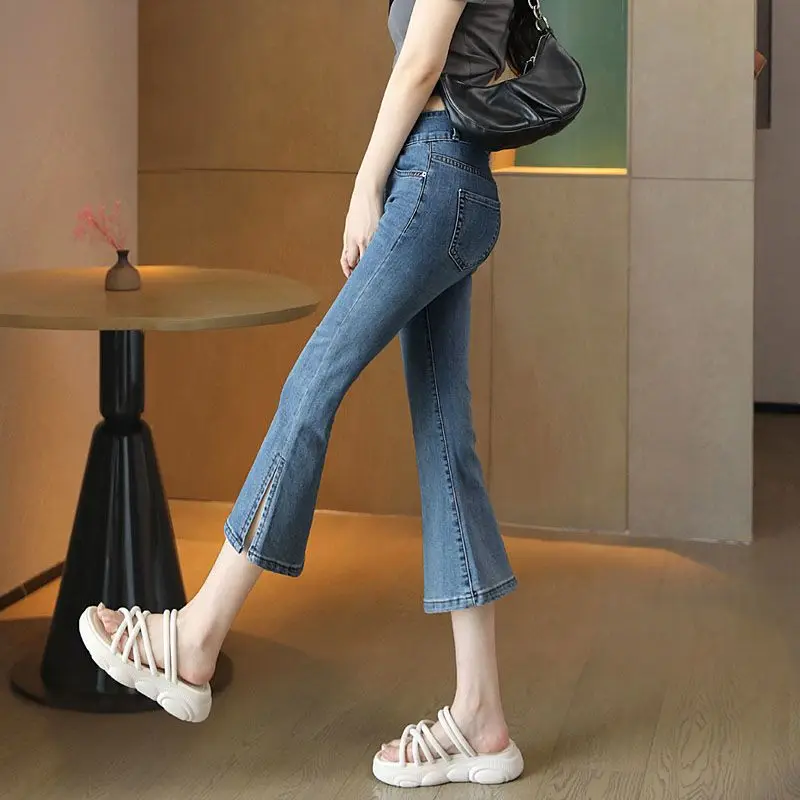 Women's 2026 Spring Summer High Waist Seven Quarter Flared Denim Pants Thin Stretch Slim Casual Trousers With Side Slit