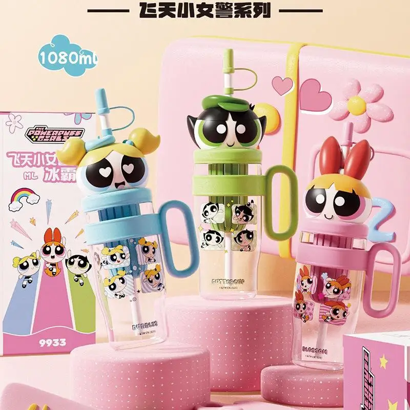 1060Ml Straw Cup Anime The Powerpuff Girls Portable Large Capacity Cute Water Cup Cartoon Car Water Bottle Student Outdoors Cup