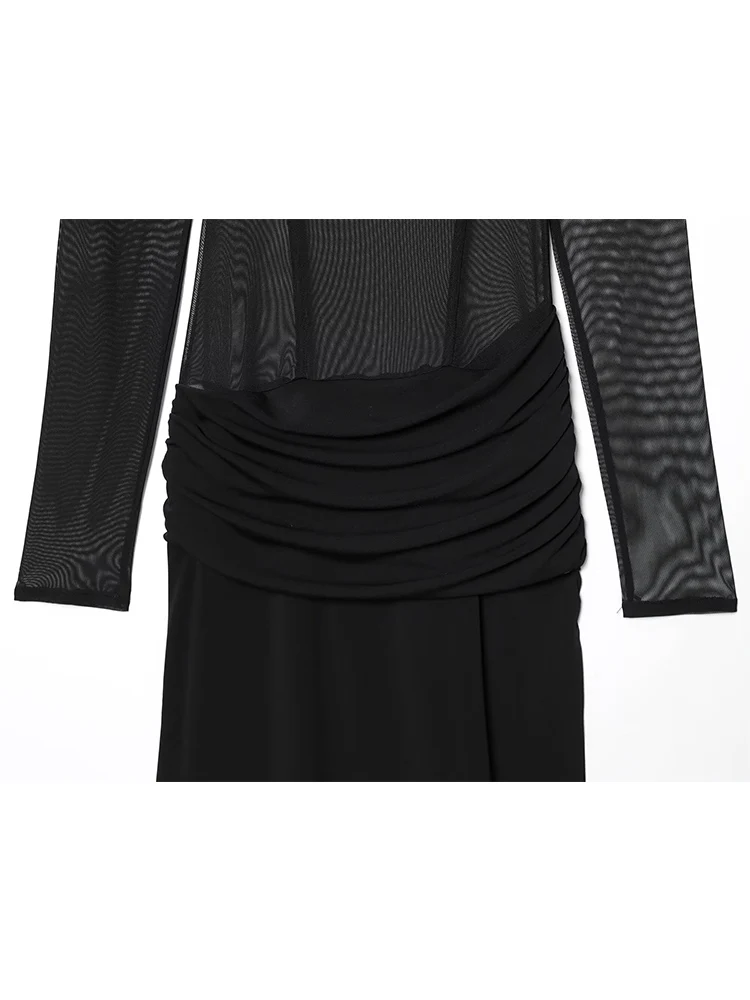 Tfmln feminino elegante vestido longo retro sexy semi-transparente emendado dobras manga longa vestido de festa moda vestido de pescoço quadrado