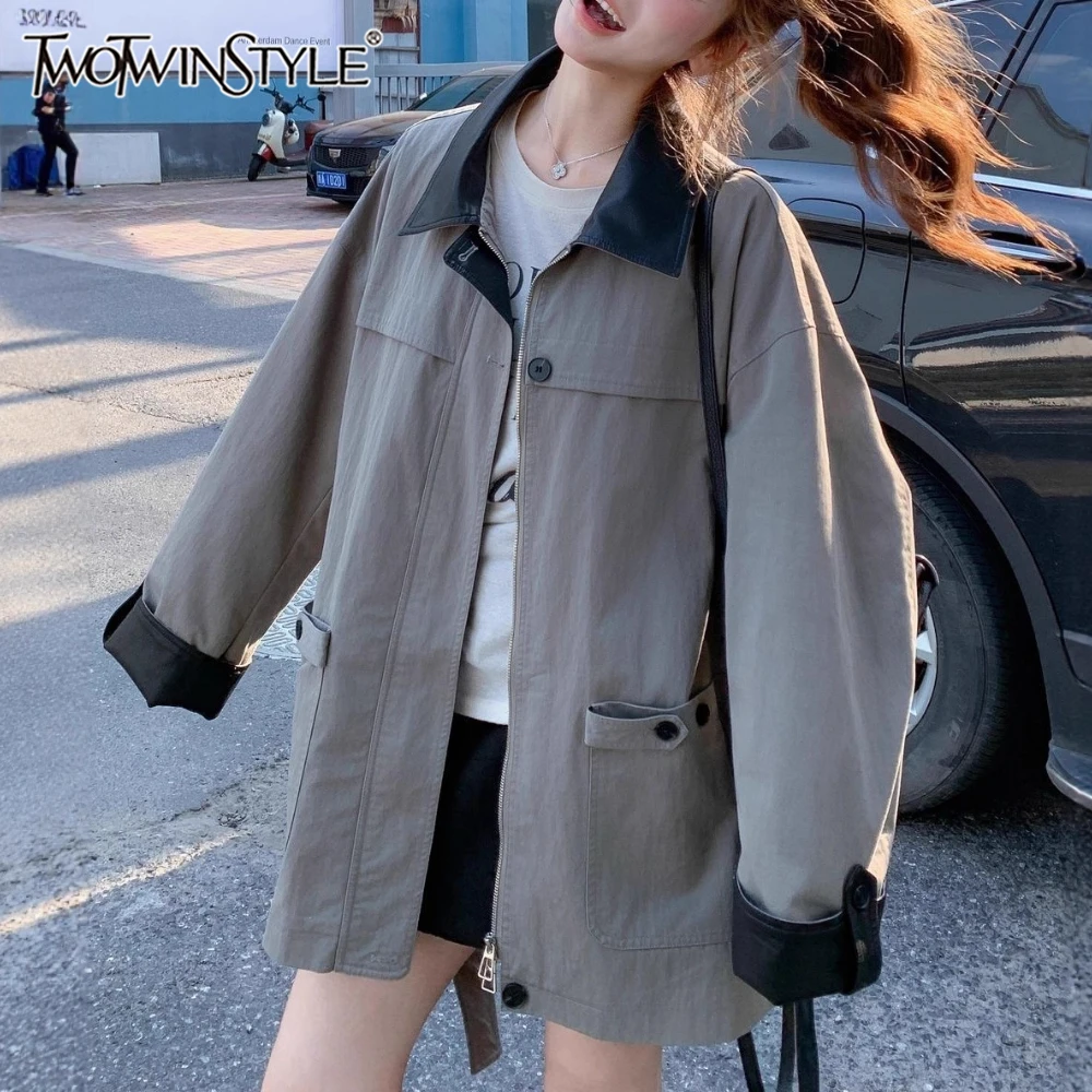 

TWOTWINSTYLE Gray Spliced Lace Up Chic Jacket Female Lapel Long Sleeve Loose Korean Minimalist Women's Jackets Autumn Fashion