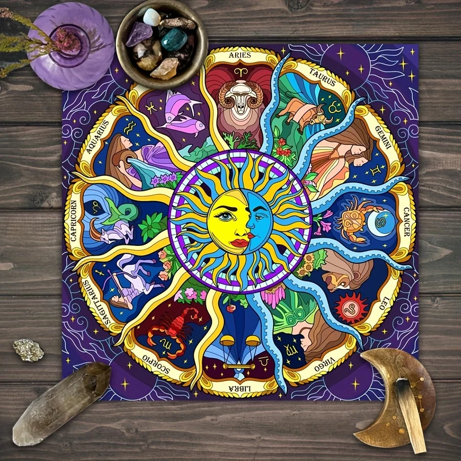 VIKAMA Colorful Zodiac Tarot Altar Cloth Astrology Witchcraft Divination Mat for Tarot Reading Spiritual Home Decor