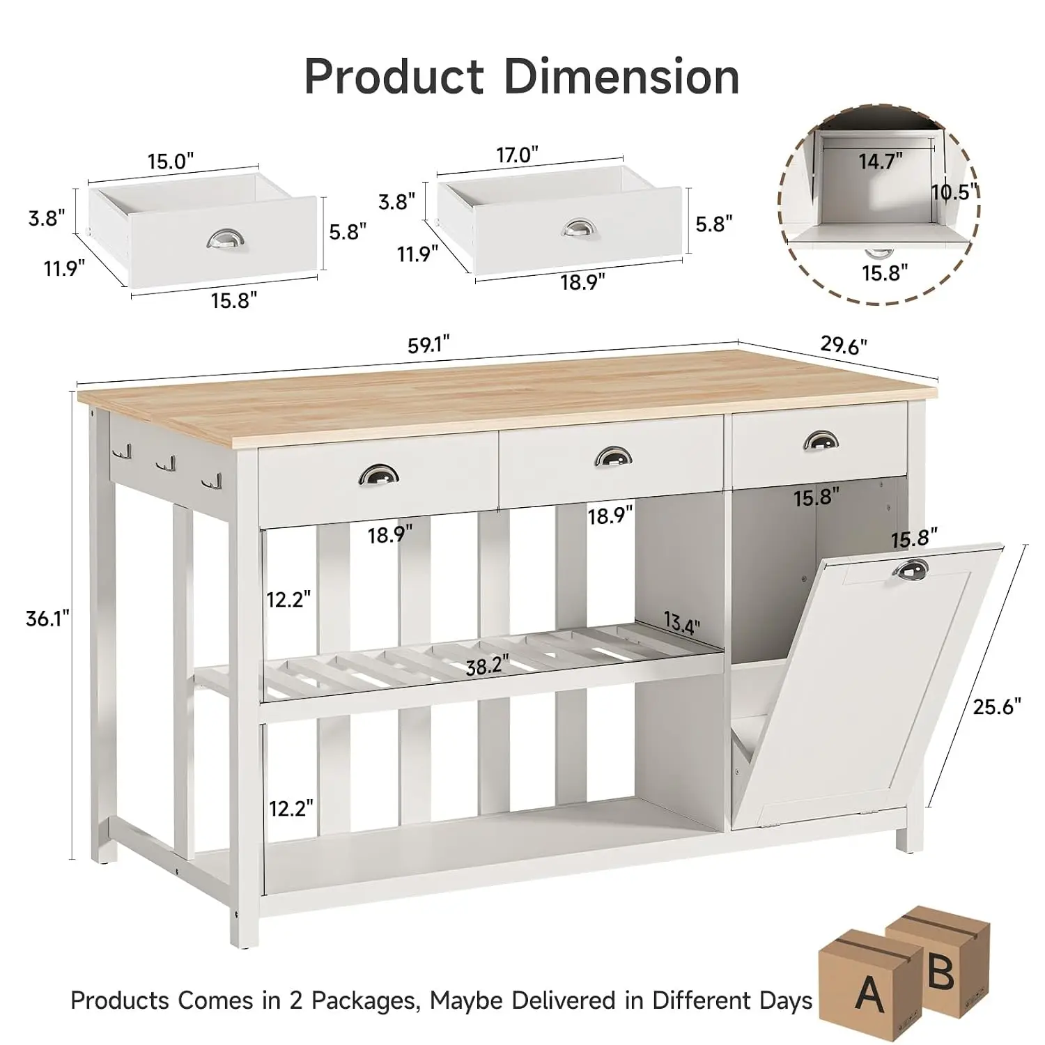 59" Kitchen Island with Storage, Solid Rubberwood Tabletop | Island Table with Power Outlet, 2-Tier Open Shelves, 3, Customized - view 2