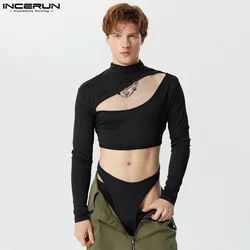 INCERUN-Bodysuits masculinos de manga comprida, macacão monocromático, Homewear sexy, design elegante de cruz oca, casual e confortável, S-3XL, 2022