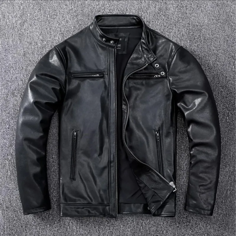 캐주얼 남성 가죽 반팔 스탠드 칼라 스타일 베지터블 태닝 오일 왁스 가공