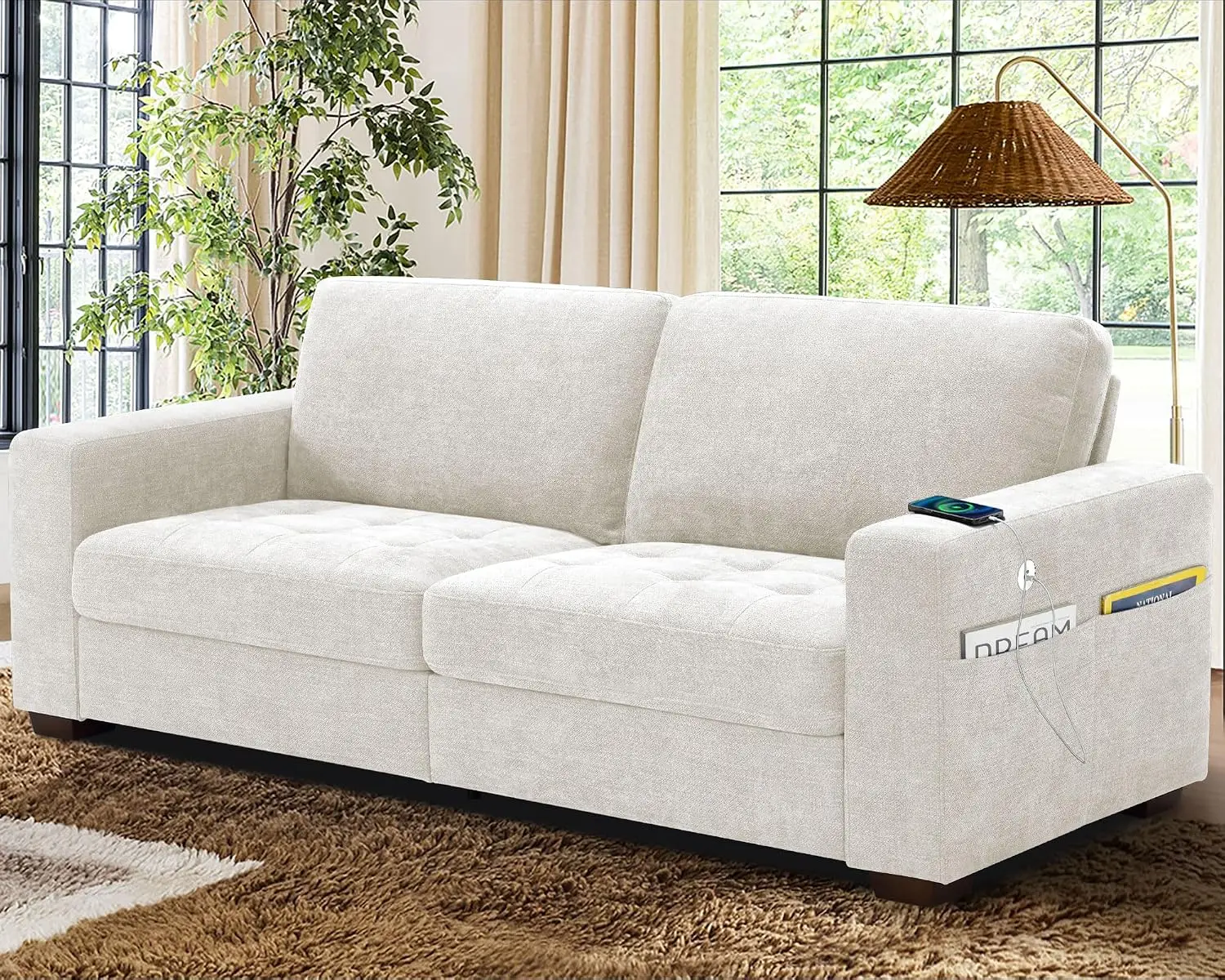 Loveseat Sofa USB Charging Removable Cover Solid Wood Frame Easy Install 89inch White, Customized