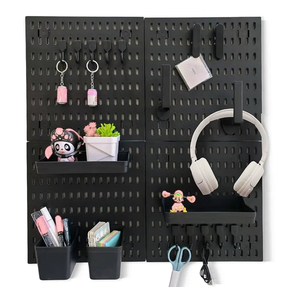 Black Pegboard Organizer Set with Hooks & Storage Boxes, Desk or Wall Peg Board Panels for Tools, Crafts, and Office Supplies