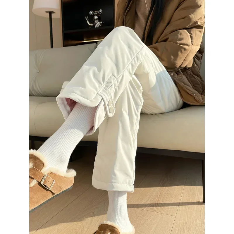 Fashionable Winter Women's Trousers 2024 Thickened Warm Cotton Wadded Straight-Leg Wide-Legged Pants Fleece-Lined Casual Outerwe